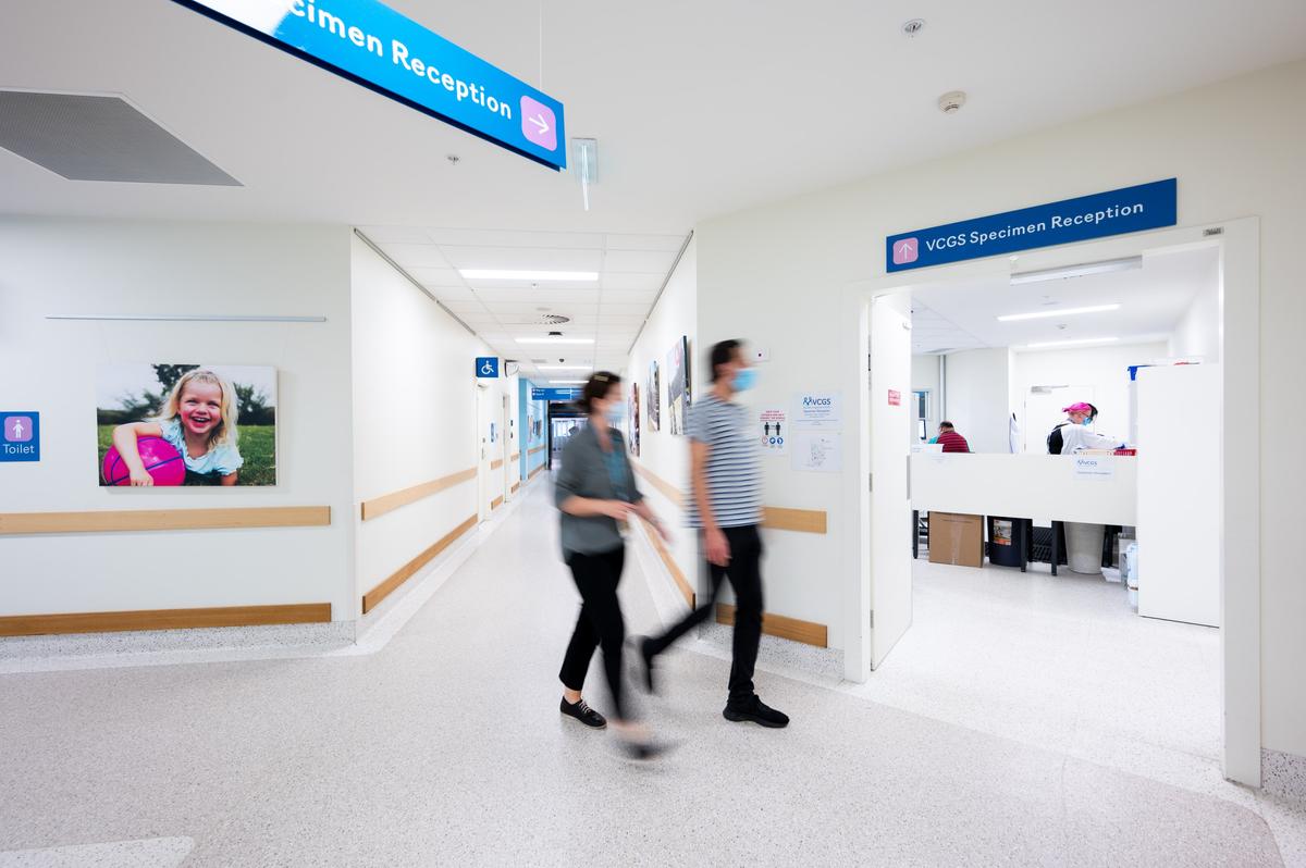 Genetic counsellors walking through VCGS specimen reception area